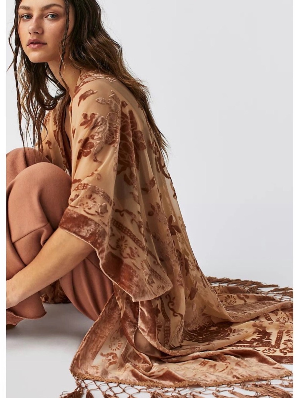 Free People Nightbird Burnout Kimono Duster Boho Festival Oversized One Size
